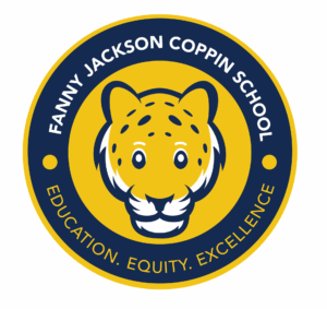 Circular logo for Fanny Jackson Coppin School with a stylized yellow jaguar head in the center and a navy blue outer ring containing the school name and motto: Education. Equity. Excellence.